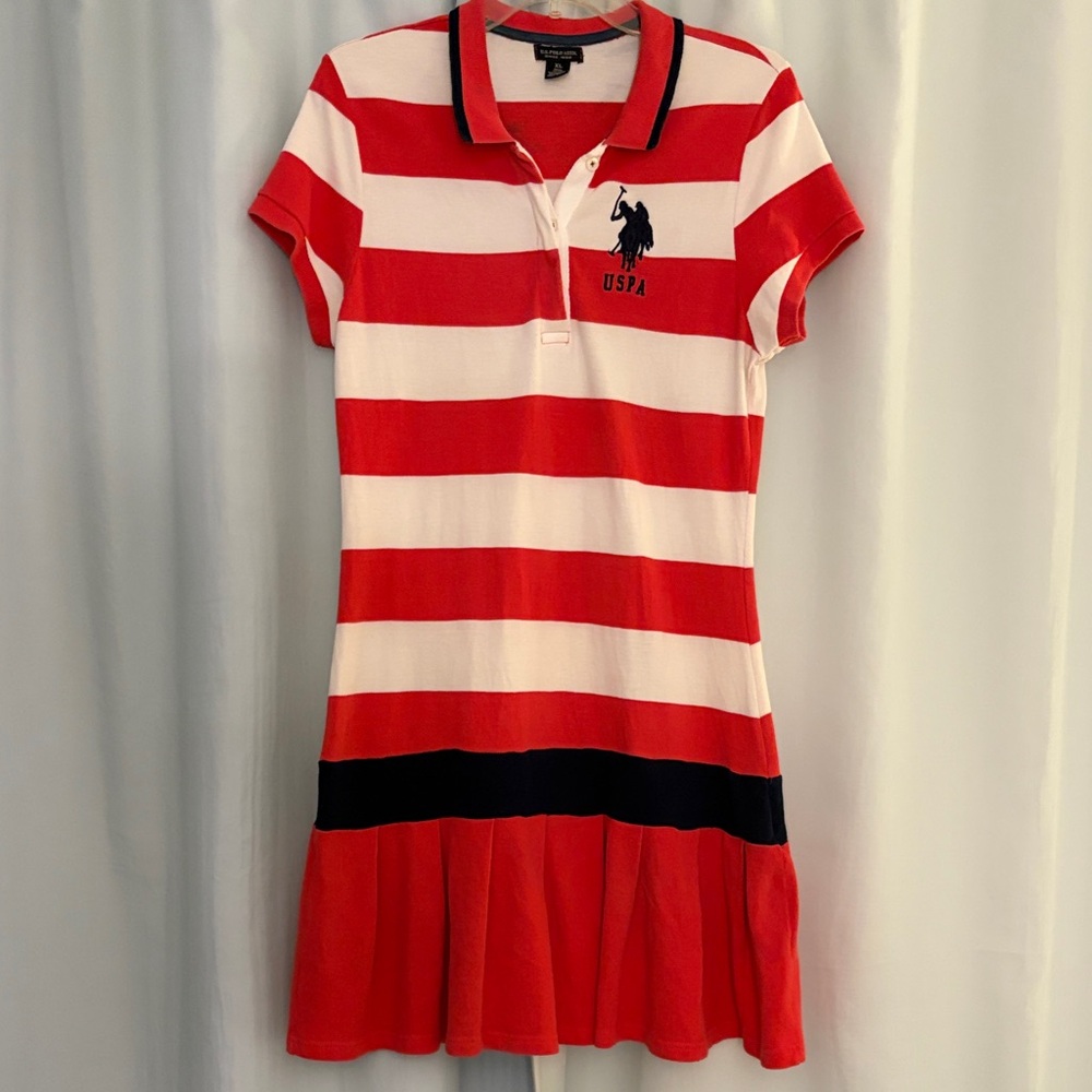 U.S. Polo Assn. Red and‎ White Striped Girls’ Polo  Dress, size XL